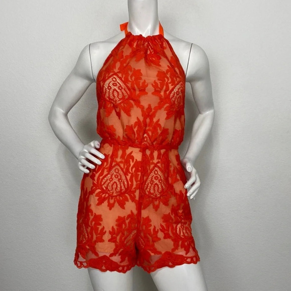 Aqua Orange Floral Lace Halter Open Back Sleeveless One Piece Romper Size S - Picture 1 of 6